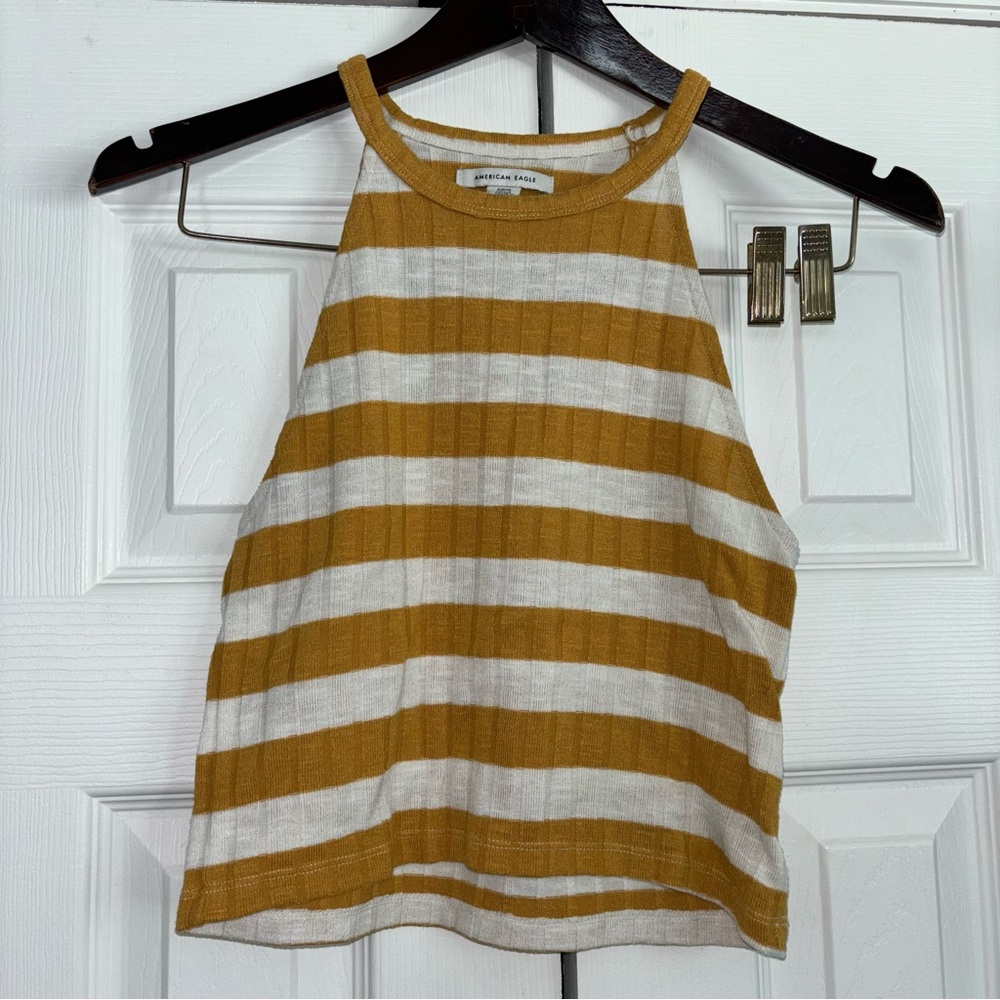 American Eagle scoop neck tank top mustard yellow & white stripe pattern Small